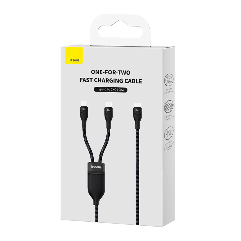 Kabelio blykstės serija 2in1 USB-C 2xUSB-C 100W 1,5m juoda