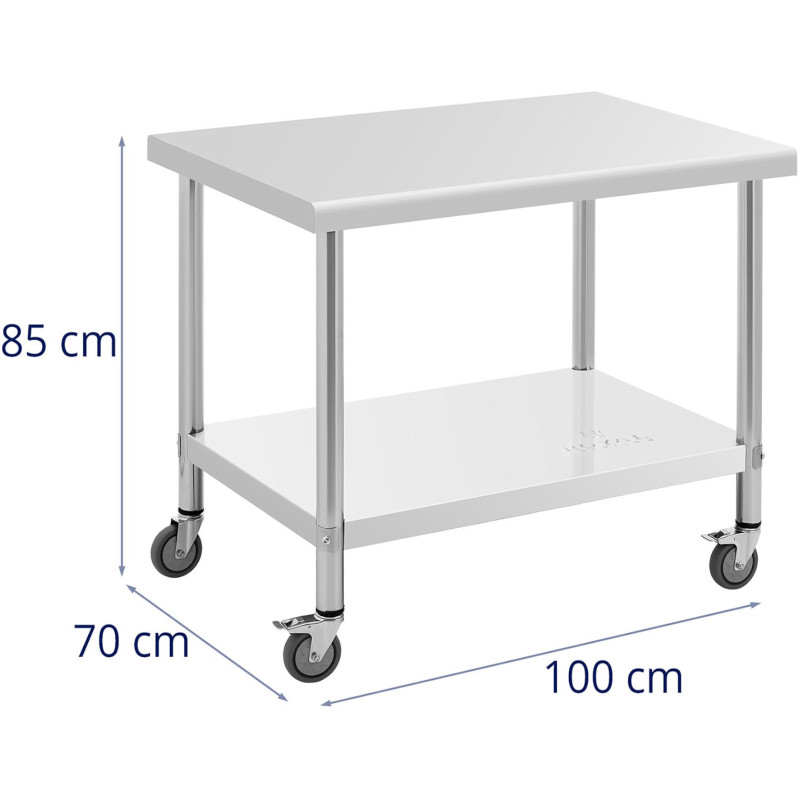 Metalinis gastronominis stalas ant ratukų su lentyna PLIENAS 70 x 100 cm