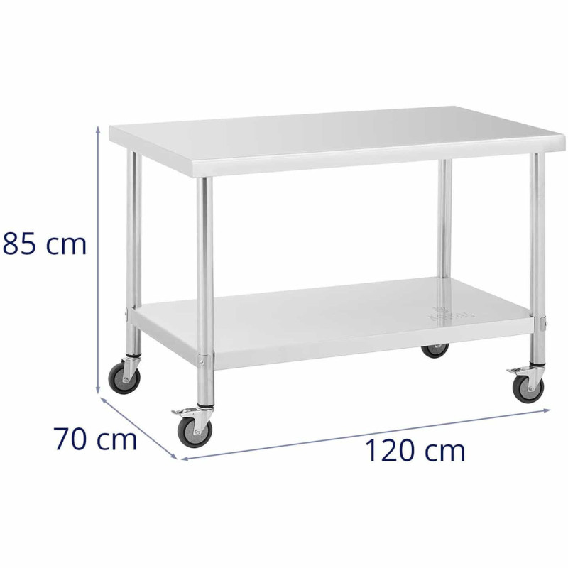 Metalinis gastronominis stalas ant ratukų su lentyna PLIENAS 70 x 120 cm