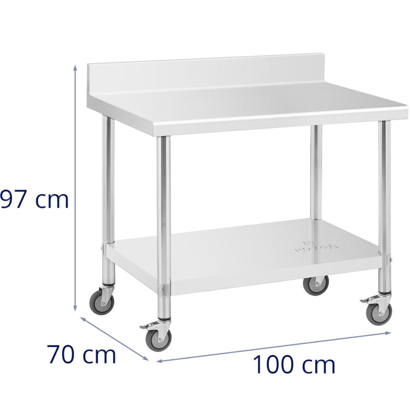 Metalinis gastronominis stalas ant ratų su lentyna ir ratlankiu PLIENAS 70 x 100 cm