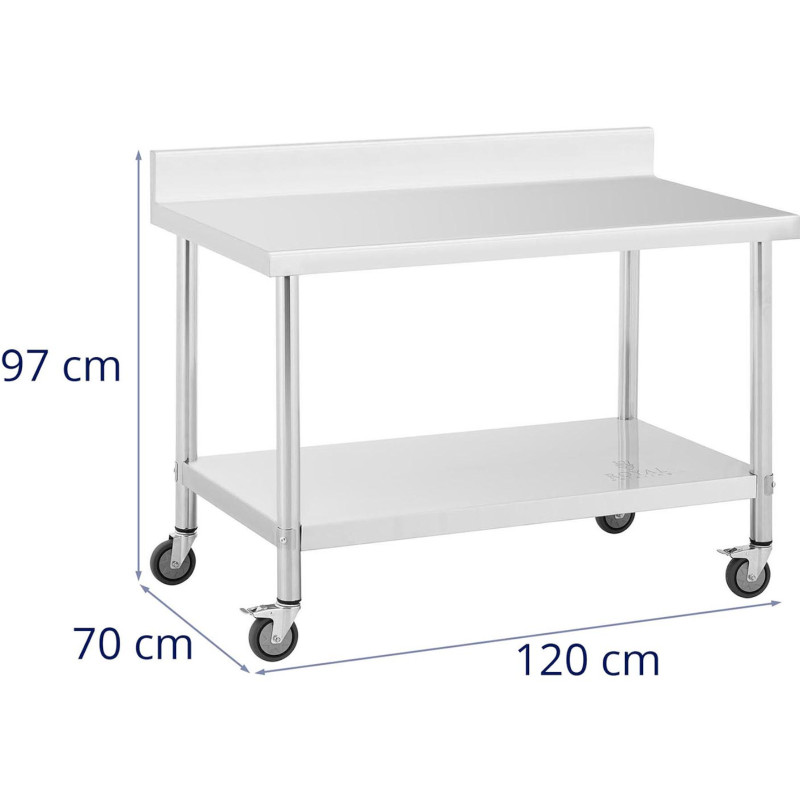 Metalinis gastronominis stalas ant ratų su lentyna ir ratlankiu PLIENAS 70 x 120 cm