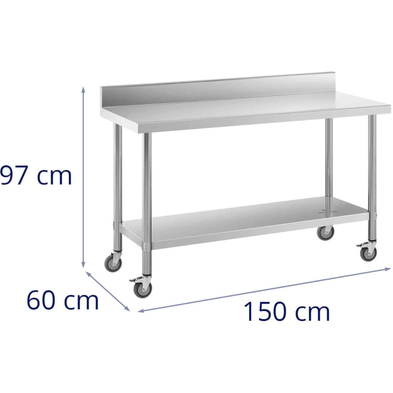Metalinis gastronominis stalas ant ratų su lentyna ir ratlankiu PLIENAS 60 x 150 cm
