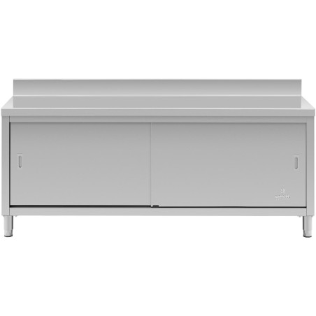 Stalas su sieniniu stalviršiu su spintele ir stumdomų durų apvadu, 200 x 70 cm Stalas su sieniniu stalviršiu su spintele ir stumdomų durų apvadu, 200 x 70 cm
