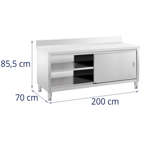 Stalas su sieniniu stalviršiu su spintele ir stumdomų durų apvadu, 200 x 70 cm Stalas su sieniniu stalviršiu su spintele ir stumdomų durų apvadu, 200 x 70 cm