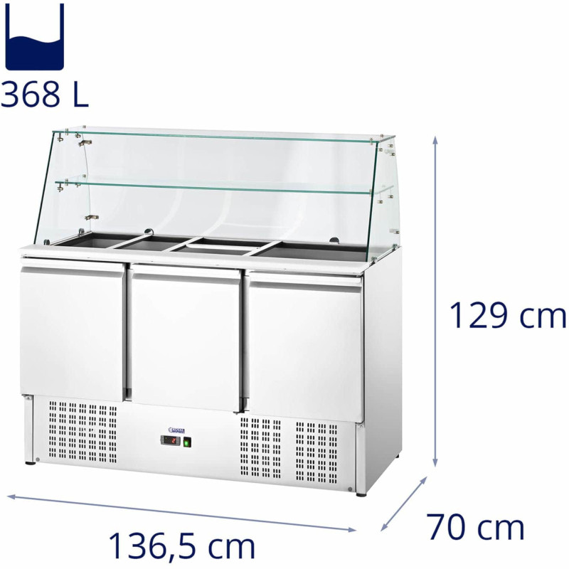 Salotinis šaldomas 3 durų stalas su stikline vitrina 8x GN 368 l