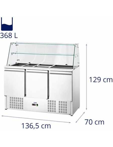 Salotinis šaldomas 3 durų stalas su stikline vitrina 8x GN 368 l Salotinis šaldomas 3 durų stalas su stikline vitrina 8x GN 368 l