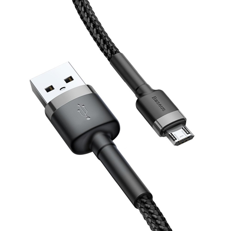 Patvarus lankstus kabelis USB microUSB laidas QC3.0 2.4A 0.5M juoda ir pilka