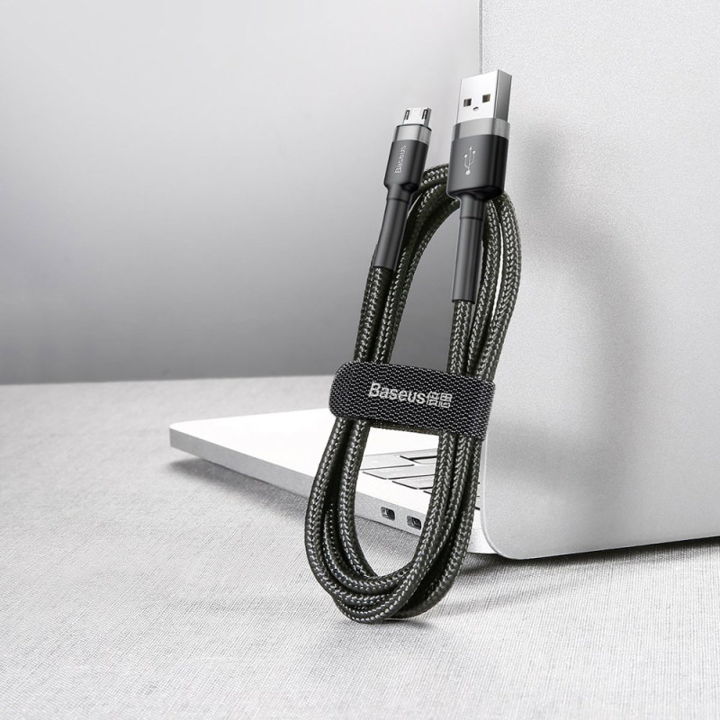 Patvarus lankstus kabelis USB microUSB laidas QC3.0 2.4A 0.5M juoda ir pilka
