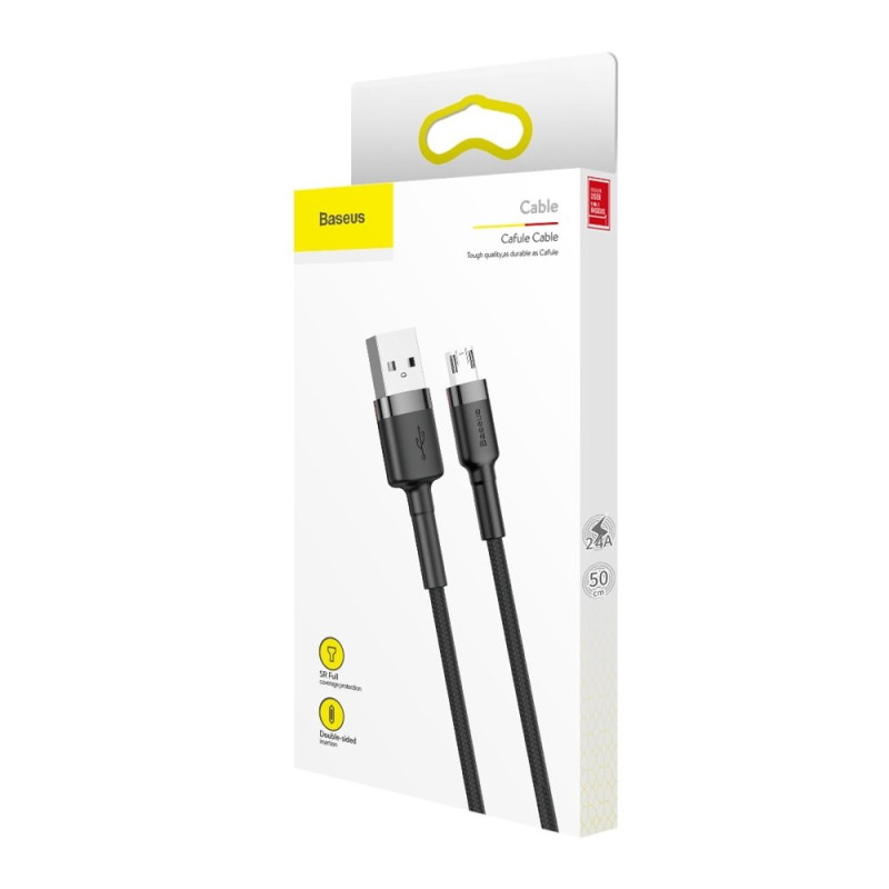 Patvarus lankstus kabelis USB microUSB laidas QC3.0 2.4A 0.5M juoda ir pilka