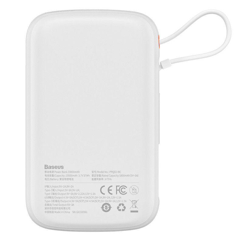 Qpow Powerbank 10000mAh integruotas USB Type-C laidas 22,5W greito įkrovimo baltas