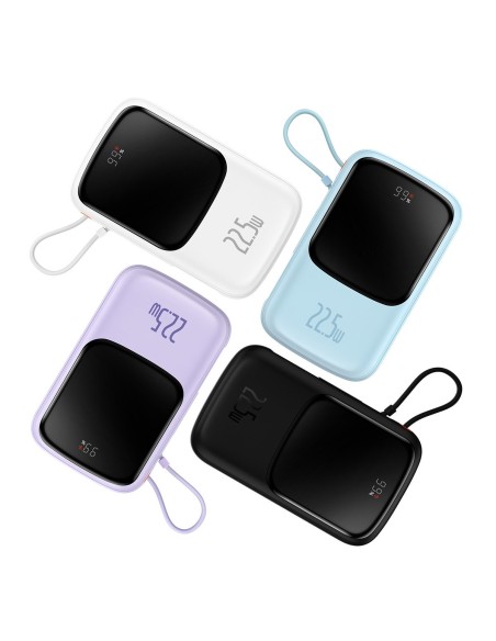 Qpow Powerbank 10000mAh integruotas USB Type-C laidas 22,5W greito įkrovimo baltas
