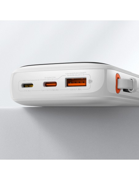 Qpow Powerbank 10000mAh integruotas USB Type-C laidas 22,5W greito įkrovimo baltas