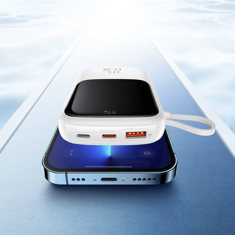 Qpow Powerbank 10000mAh integruotas USB Type-C laidas 22,5W greito įkrovimo baltas