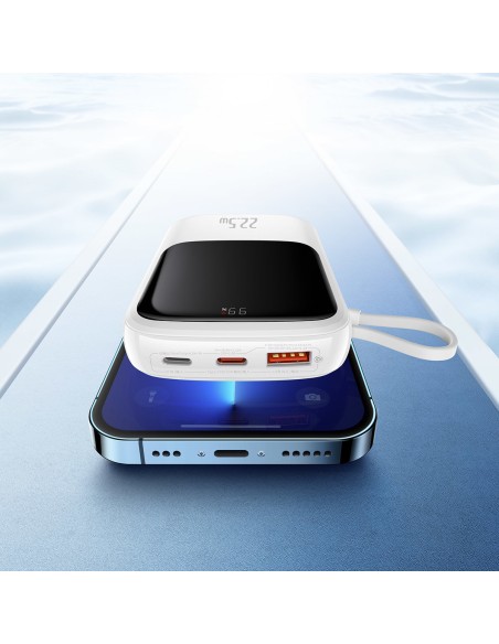 Qpow Powerbank 10000mAh integruotas USB Type-C laidas 22,5W greito įkrovimo baltas