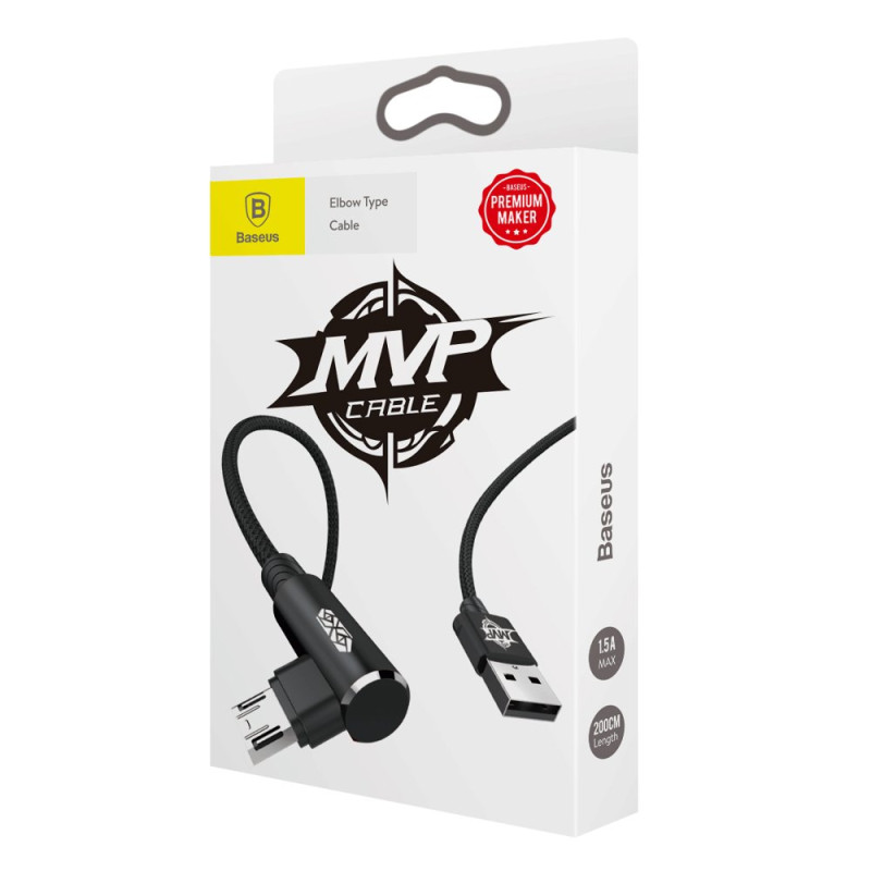 MVP kampuotas dvipusis laidas su šoniniu microUSB kištuku 2m 1.5A juodas