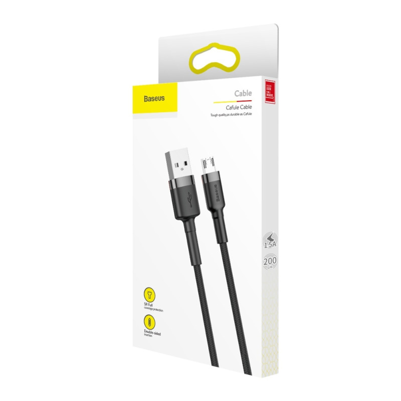 Patvarus lankstus kabelis USB microUSB 1.5A 2M juodai pilkas