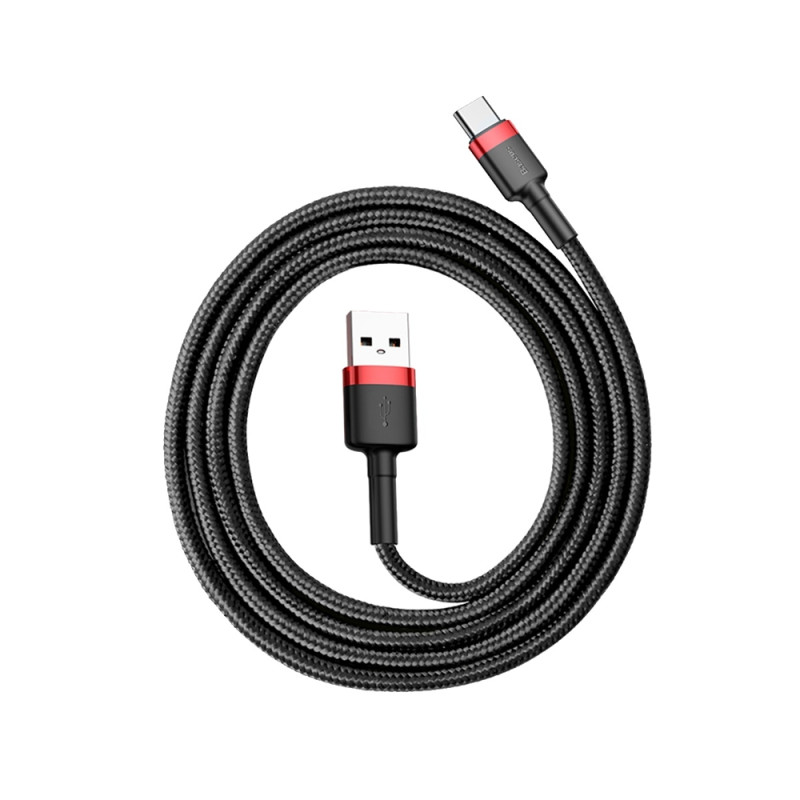 Patvarus lankstus laidas USB laidas USB-C QC3.0 3A 1M juodos ir raudonos spalvos