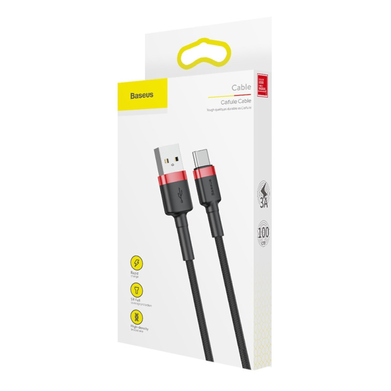 Patvarus lankstus laidas USB laidas USB-C QC3.0 3A 1M juodos ir raudonos spalvos