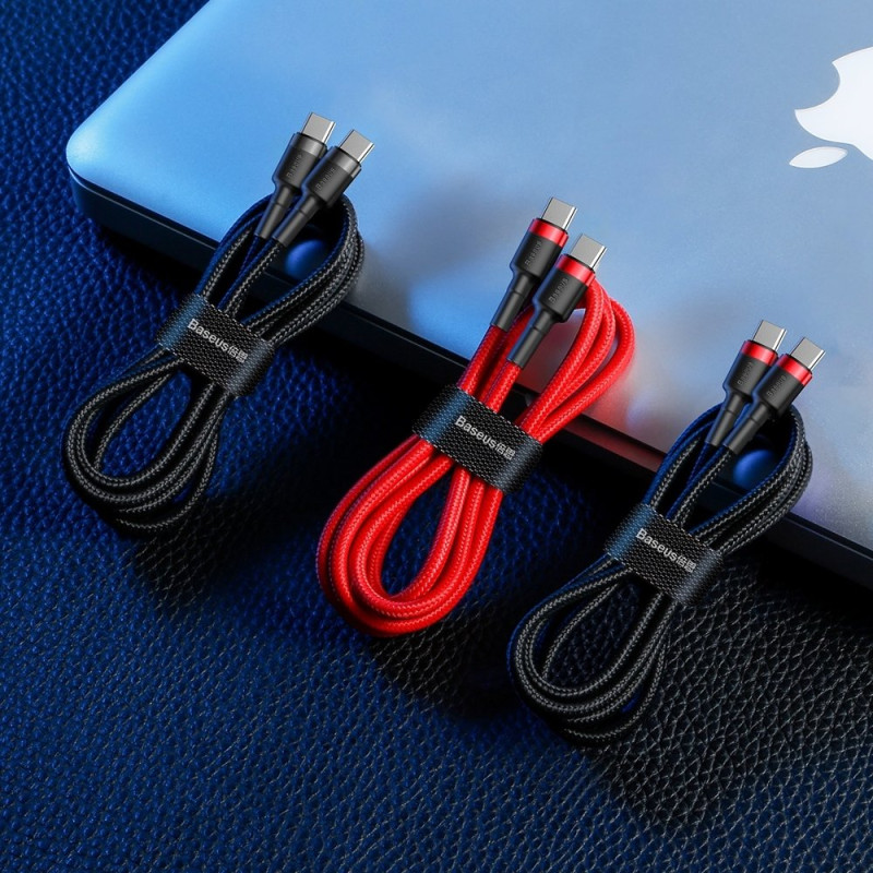 Patvarus lankstus kabelis USB-C PD PD 2.0 laidas 60W 20V 3A QC3.0 2M juoda ir raudona
