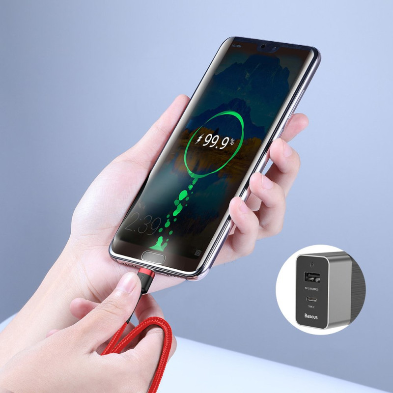 Patvarus lankstus kabelis USB-C PD PD 2.0 laidas 60W 20V 3A QC3.0 2M juoda ir raudona