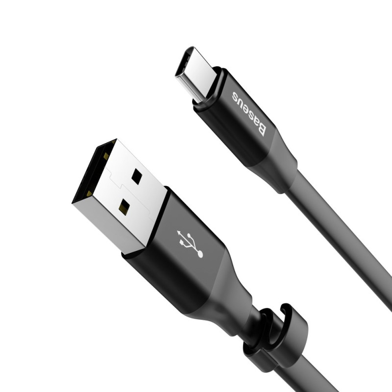 Plokščias USB laidas USB-C su laikikliu 2A 23cm juodas