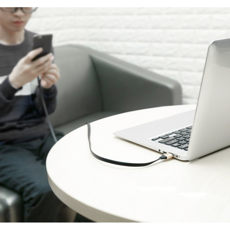 Plokščias USB laidas USB-C su laikikliu 2A 23cm juodas