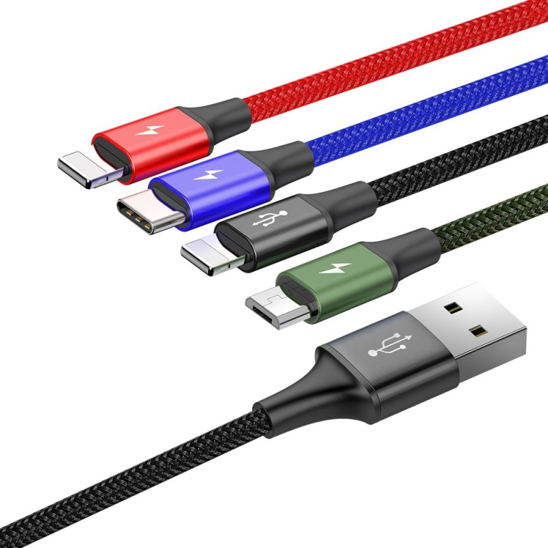 Kabelis USB laidas 4in1 2 x Iphone Lightning USB-C microUSB nailono pynėje 3,5A 1,2m juodas