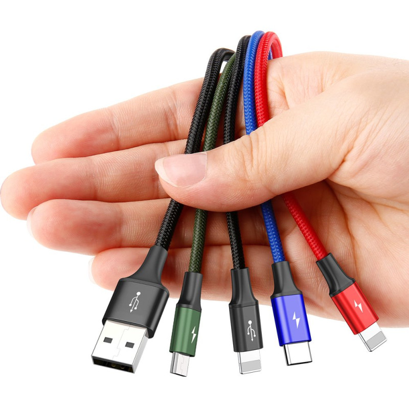 Kabelis USB laidas 4in1 2 x Iphone Lightning USB-C microUSB nailono pynėje 3,5A 1,2m juodas