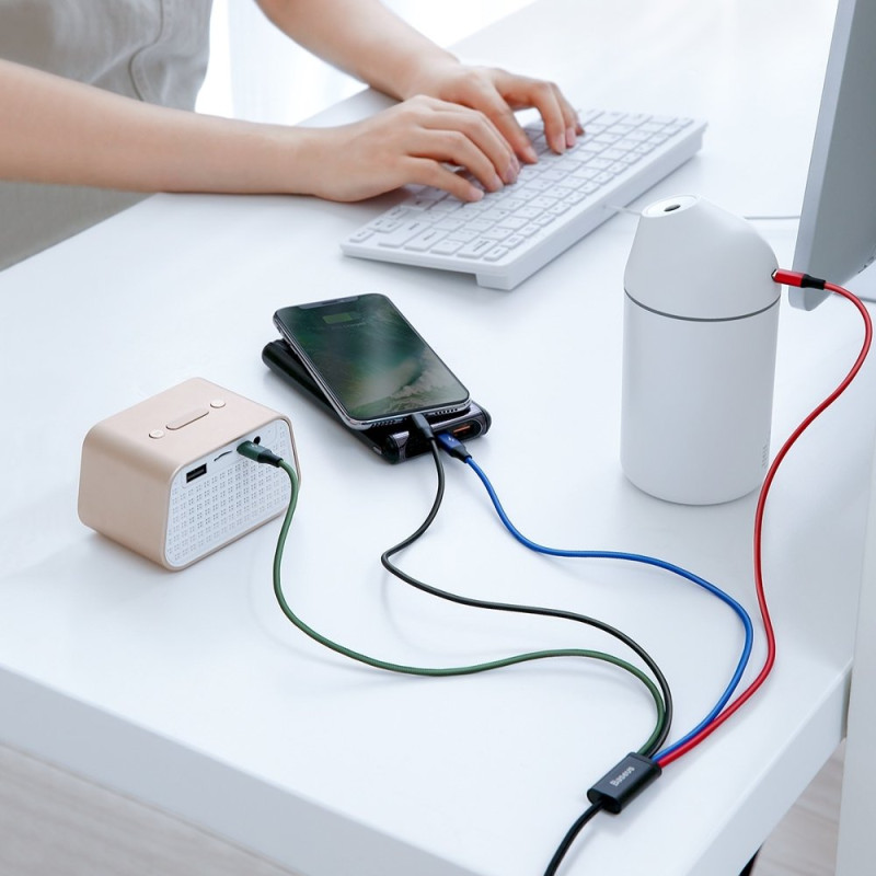 Kabelis USB laidas 4in1 2 x Iphone Lightning USB-C microUSB nailono pynėje 3,5A 1,2m juodas