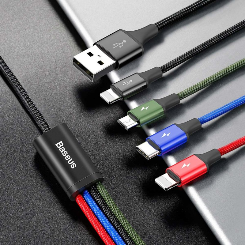Kabelis USB laidas 4in1 2 x Iphone Lightning USB-C microUSB nailono pynėje 3,5A 1,2m juodas