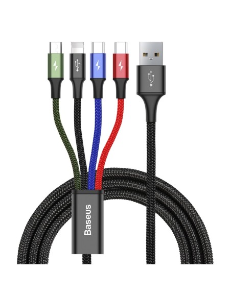 Kabelis USB laidas 4in1 iPhone Lightning 2 x USB-C microUSB nailono pynėje 3,5A 1,2m juodas