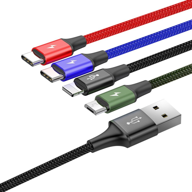 Kabelis USB laidas 4in1 iPhone Lightning 2 x USB-C microUSB nailono pynėje 3,5A 1,2m juodas