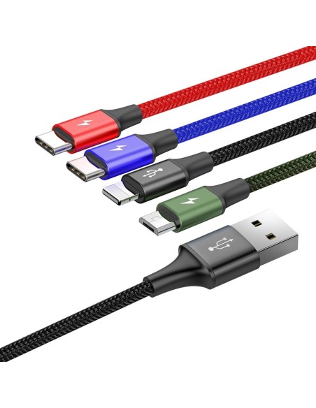 Kabelis USB laidas 4in1 iPhone Lightning 2 x USB-C microUSB nailono pynėje 3,5A 1,2m juodas