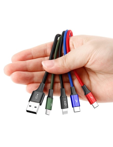 Kabelis USB laidas 4in1 iPhone Lightning 2 x USB-C microUSB nailono pynėje 3,5A 1,2m juodas