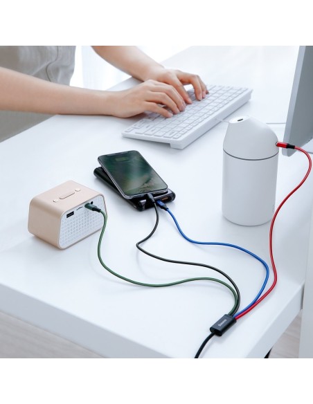 Kabelis USB laidas 4in1 iPhone Lightning 2 x USB-C microUSB nailono pynėje 3,5A 1,2m juodas