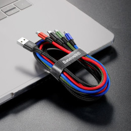 Kabelis USB laidas 4in1 iPhone Lightning 2 x USB-C microUSB nailono pynėje 3,5A 1,2m juodas