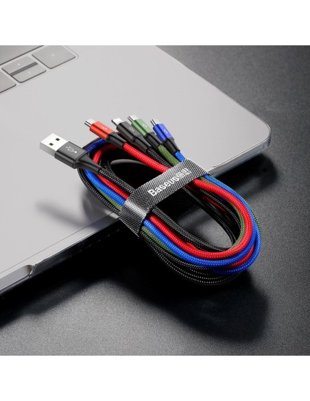 Kabelis USB laidas 4in1 iPhone Lightning 2 x USB-C microUSB nailono pynėje 3,5A 1,2m juodas