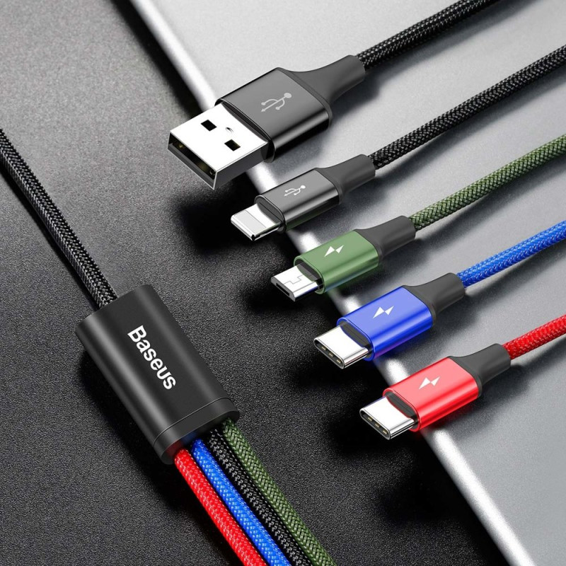 Kabelis USB laidas 4in1 iPhone Lightning 2 x USB-C microUSB nailono pynėje 3,5A 1,2m juodas