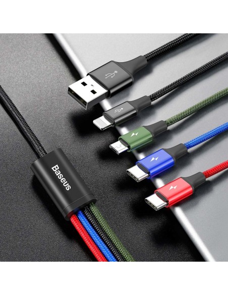 Kabelis USB laidas 4in1 iPhone Lightning 2 x USB-C microUSB nailono pynėje 3,5A 1,2m juodas