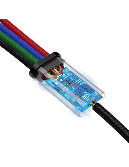 Kabelis USB laidas 4in1 iPhone Lightning 2 x USB-C microUSB nailono pynėje 3,5A 1,2m juodas