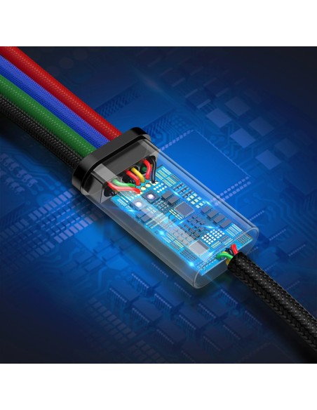 Kabelis USB laidas 4in1 iPhone Lightning 2 x USB-C microUSB nailono pynėje 3,5A 1,2m juodas