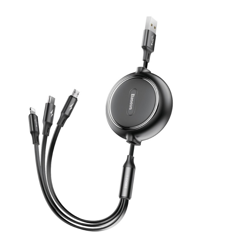 Išplečiamas laidas 3in1 USB microUSB iPhone Lightning USB-C 3.5A 35cm 120cm juodas