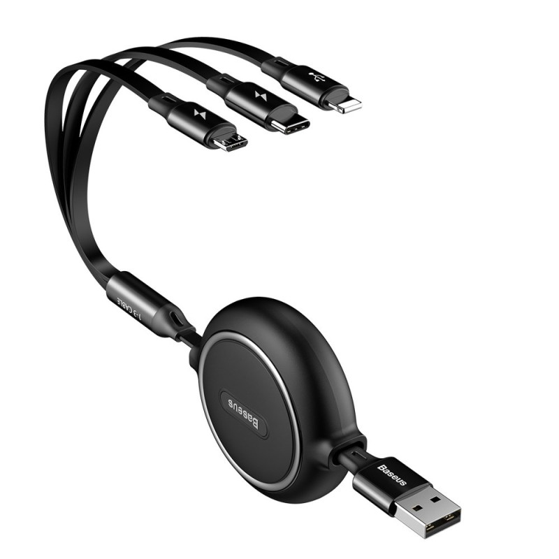 Išplečiamas laidas 3in1 USB microUSB iPhone Lightning USB-C 3.5A 35cm 120cm juodas