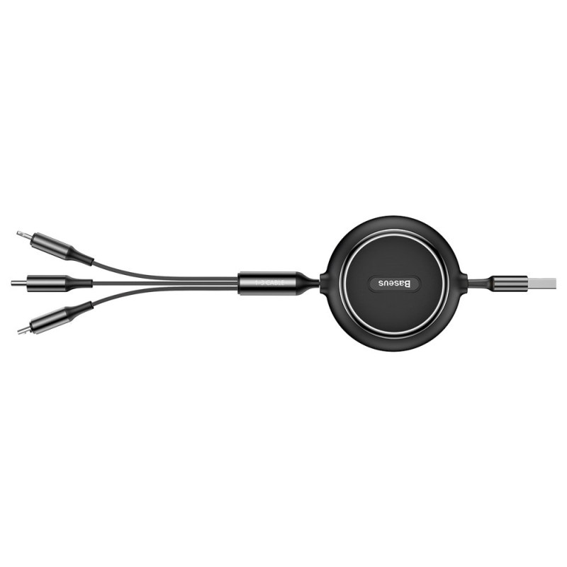 Išplečiamas laidas 3in1 USB microUSB iPhone Lightning USB-C 3.5A 35cm 120cm juodas