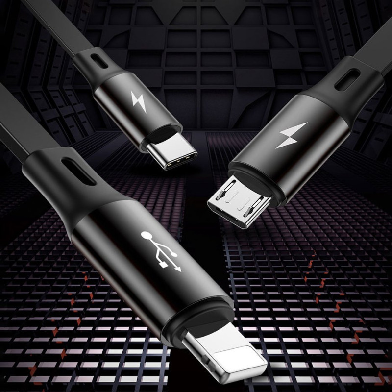 Išplečiamas laidas 3in1 USB microUSB iPhone Lightning USB-C 3.5A 35cm 120cm juodas