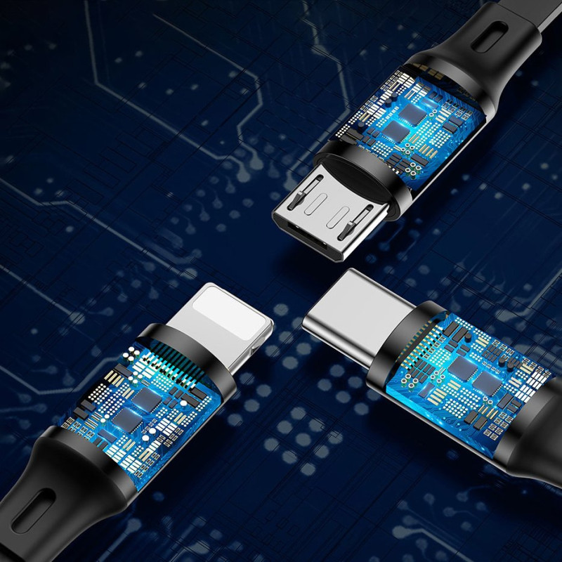 Išplečiamas laidas 3in1 USB microUSB iPhone Lightning USB-C 3.5A 35cm 120cm juodas