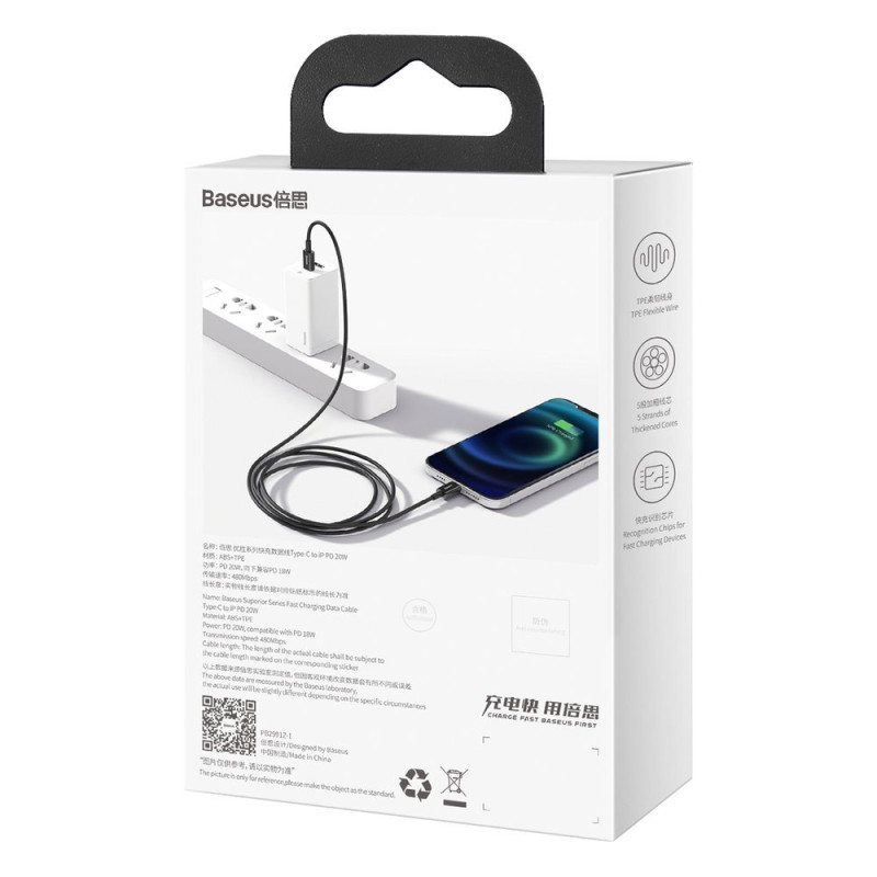 Puikus kabelis USB-C laidas iPhone Lightning greitam įkrovimui 20W 1m juodas