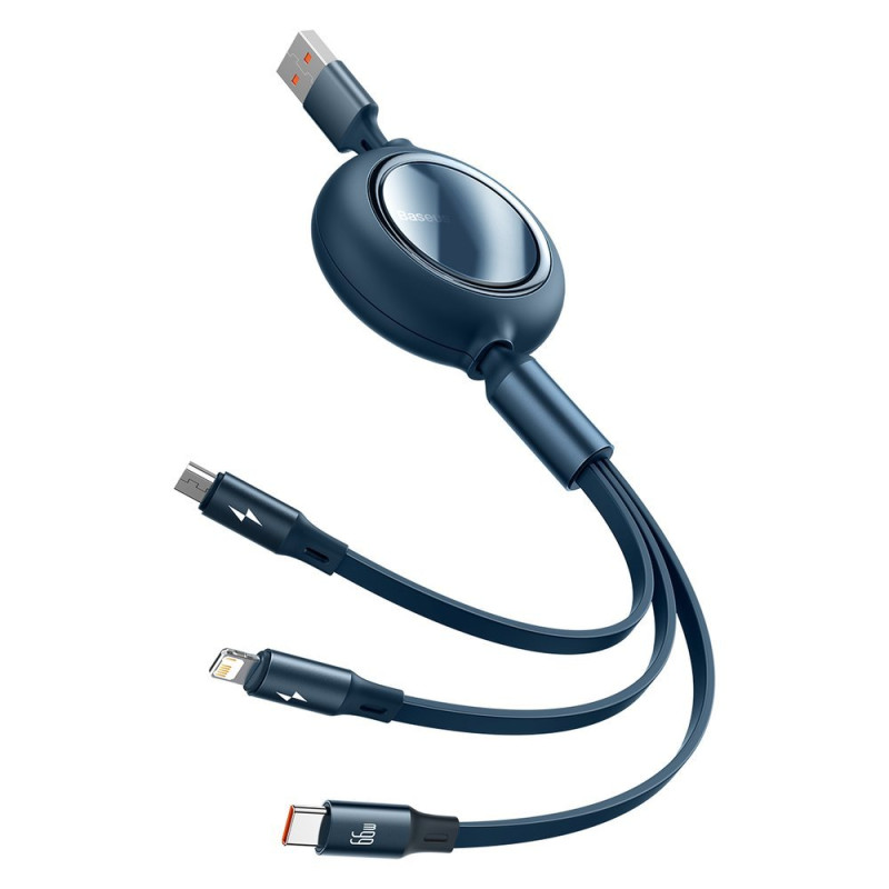 Ištraukiamas laidas 3in1 USB microUSB USB-C iPhone Lightning 66W 1,2m mėlynas