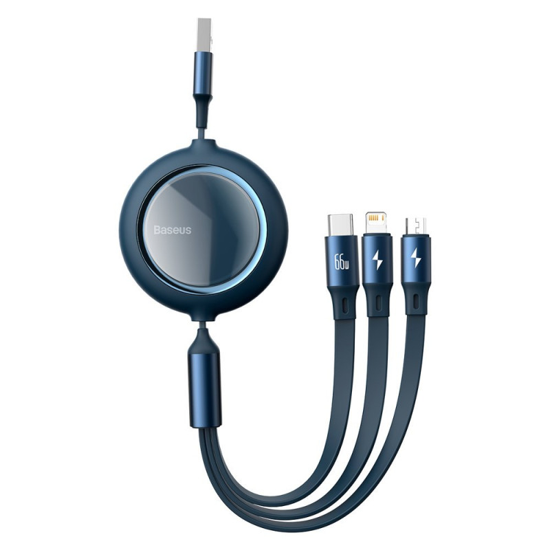Ištraukiamas laidas 3in1 USB microUSB USB-C iPhone Lightning 66W 1,2m mėlynas