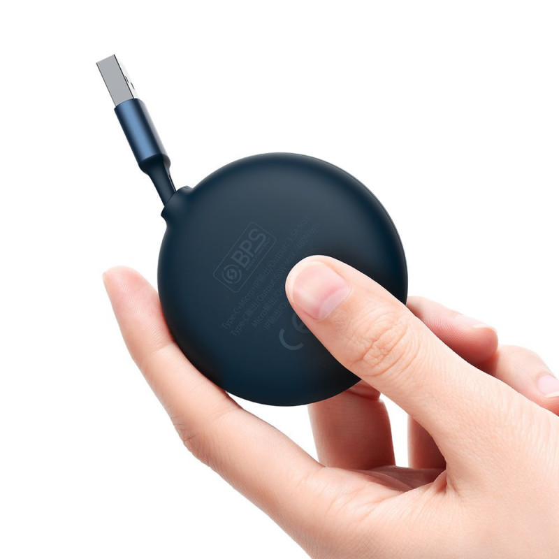 Ištraukiamas laidas 3in1 USB microUSB USB-C iPhone Lightning 66W 1,2m mėlynas